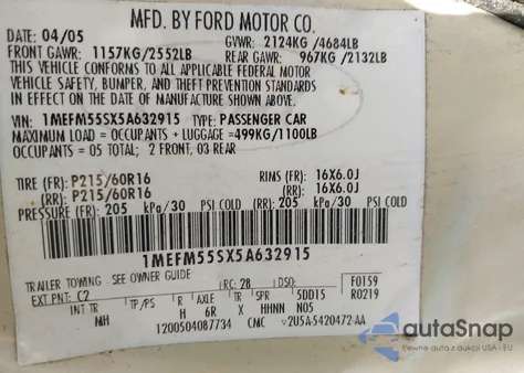 2005 Mercury Sable Ls z USA, uszkodzony, nr VIN 1MEFM55SX5A632915